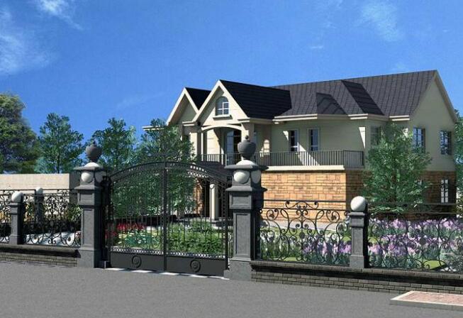 通常别墅大门的设计有两种,一种是带有门亭的欧美风,一种是与庭院
